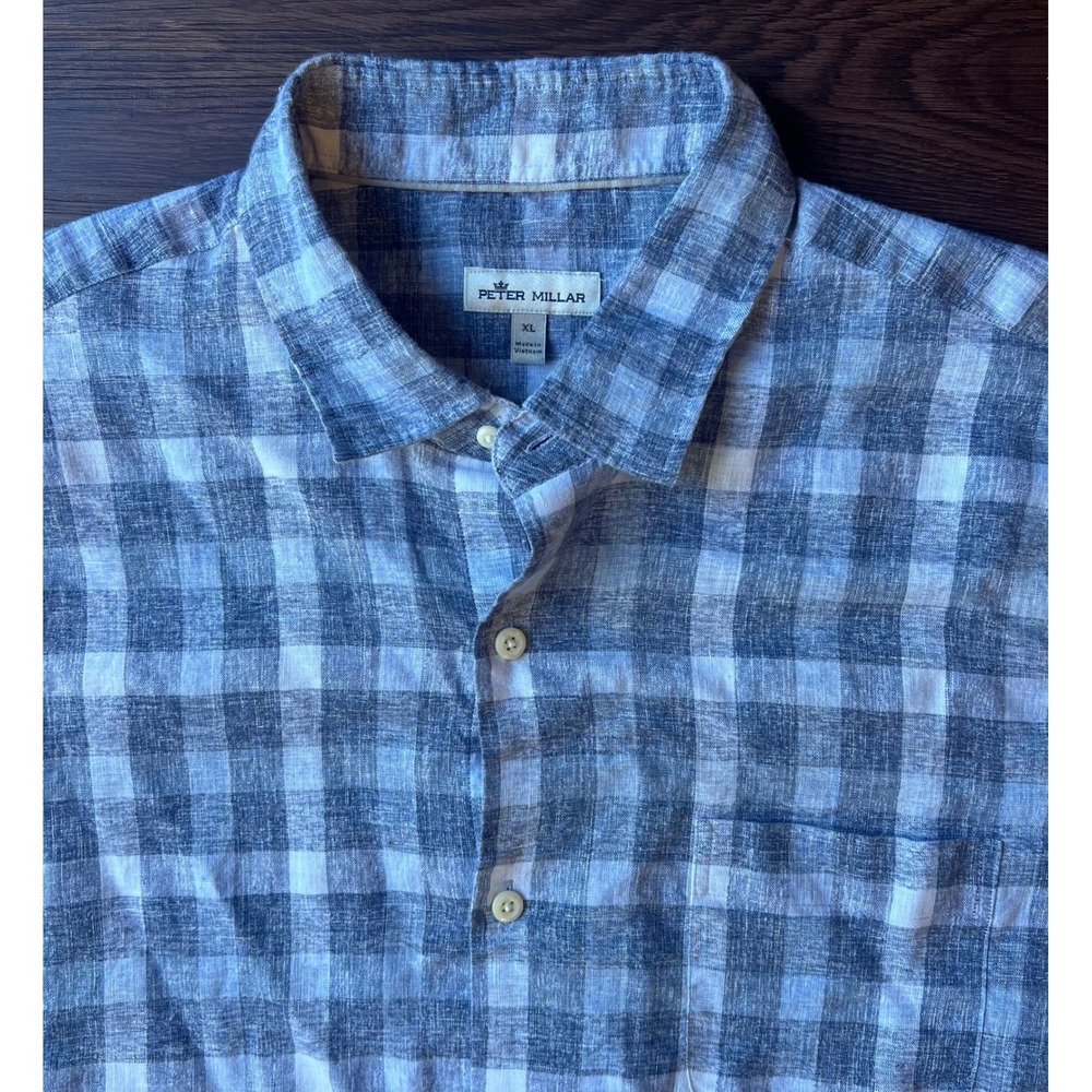 Peter Millar Mens XL Blue White Plaid Linen Sorona Short Sleeve Button Down - Picture 2 of 7